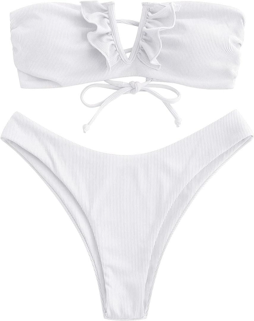 ZAFUL Women's Strapless Ribbed V Wired Lace Up Ruffle Tie High Cut Bandeau Swimsuits Bikini Set (0-white) S