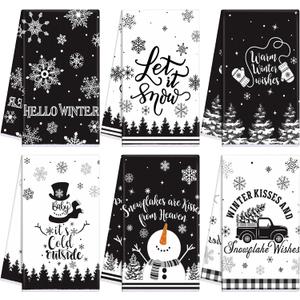 6 Pcs Winter Kitchen Towels Black White Snowman Dish Hand Towel 15.8 x 23.6'' Snowflake Let It Snow Decorative Tea Dish Towels Farmhouse Xmas Kitchen Decor for Bathroom Housewarming Gift