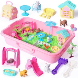 Billeeit Pet Sensory Bin Sand Toy with 2.2lbs Green Moldable Sand, Dog  Cat Play Sand Kit for Boys and Girls Including 28pcs Accessories Total, Sand Box Toys Gift for Kids 3+ Indoor Creativity