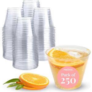 Prestee 250-Pack - 9oz Clear Plastic Cups - Durable Disposable Plastic Wine Glasses for Party, Weddings, and Catering - Small Drinking Glasses for Cocktails and Beverages - Heavy-Duty Fruit Punch Cups