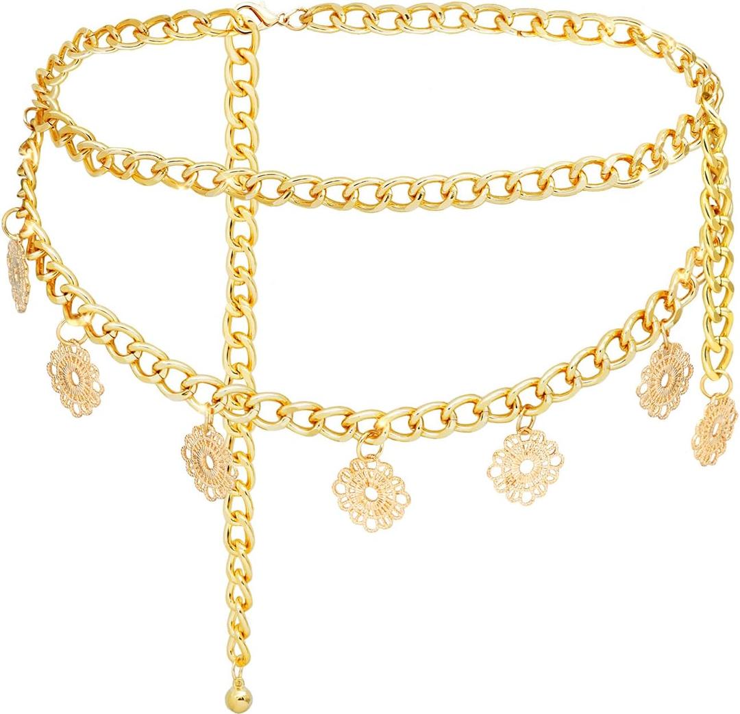 MultiLayer Metal Waist Chain Belt Belly Chain Punk Chain for Women and Girls (S: 41.3 in/105 cm, Gold Flower)