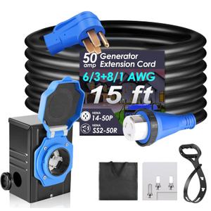 Seeutek 50 Amp Generator Cord, 4 Prong 15 FT Generator Extension Cord with Pre-drilled Power Inlet Box & Interlock Kit, NEMA 14-50P/SS2-50P Functional Cable, High Conductivity, ETL Listed (Black+Blue 50amp)
