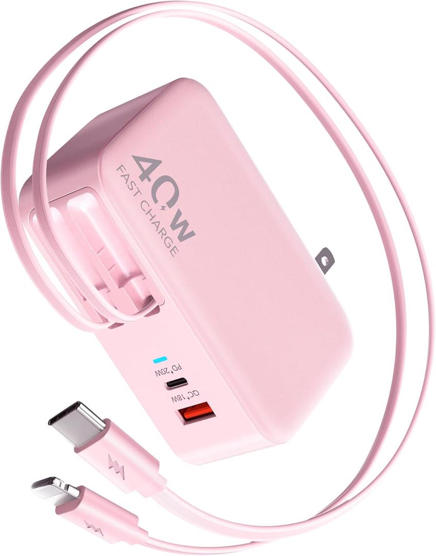 Retractable USB C Charger Wall Plug with 35.5in/90cm Type C Cables Cords,40W Fast Charging Foldable Block Multi Charger for All Devices for iPhone 17/16/15/14/13/12,iPad,Galaxy,Pixel