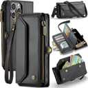 for iPhone 16 Pro Max Case, Women Men Multi-Function Wallet Case with Stand RFID Blocking Featuring Magnetic Closure Zipper Includes Shoulder Strap Wrist Strap (Black)