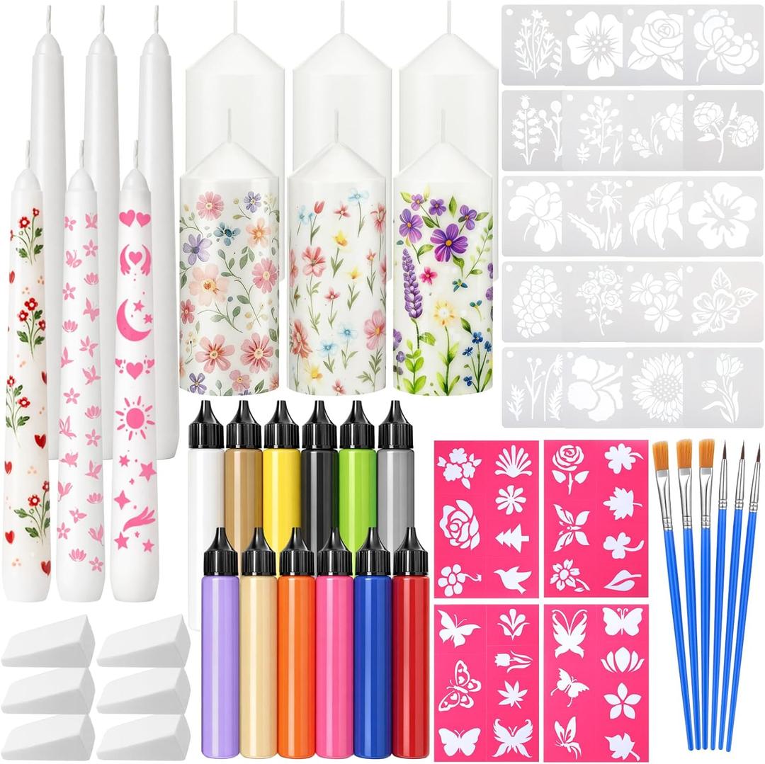 Treela 60 Pcs DIY Candle Painting Kit Include 6 White 6 White Tapered & 6 Pillar Candles 12 Candle Wax Pen 24 Floral Painting Stencils 6 Paint Brushes 6 Sponge Blocks for Craft Birthday Wedding Party (Multiple)