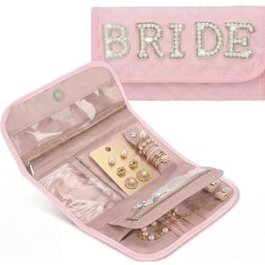 Hsei Bride Bag Travel Jewelry Organizer Case Foldable Small Jewelry Pouch Bags Mini Soft Pink Roll Bridal Shower Gifts for Journey Rings Necklaces Earrings Bracelets