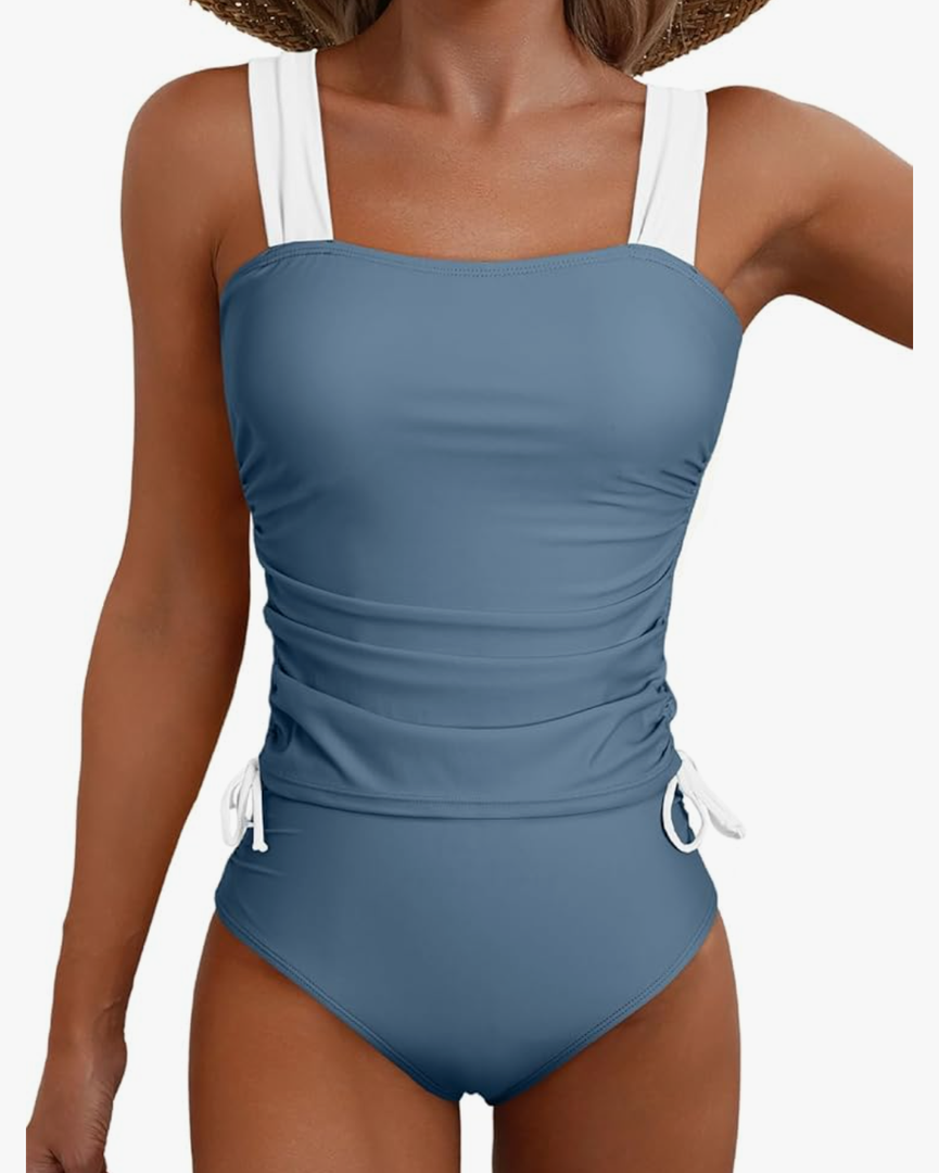Aleumdr Womens Retro Ruched Two Piece Strappy Tummy Control Swimwear Tie Side Tankini Bathing Suit Set, L