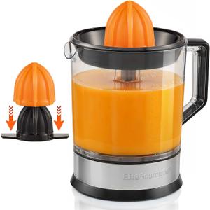Elite Gourmet ETS047 BPA-Free 40-Watt Electric Citrus Juicer with 2 Cones, Compact, Large Volume, Pulp Control, Oranges, Lemons, Limes, Grapefruits with Easy Pour Spout, 1.2L, Black/Stainless Steel