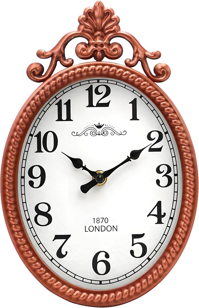 Vintage Metal Wall Clock  Rose Gold Decorative Accent, French European Ornate Design, Silent Non-Ticking Battery Operated for Living Room, Entryway, Bedroom 10.2 Inch