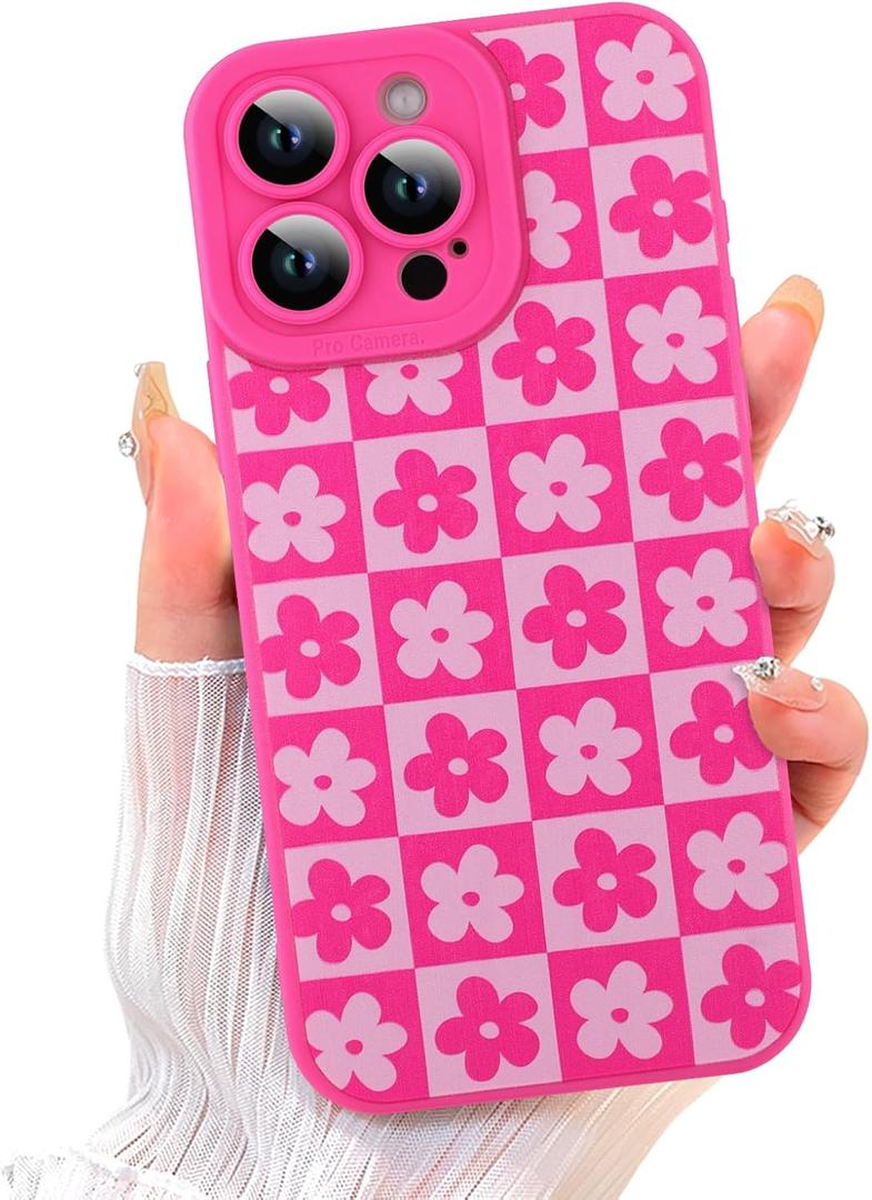 ZIYE for iPhone 15 Pro Max Case Cute Hot Pink Flower Phone Case with Camera Protection Soft TPU TPU Rubber Camera Protection Cover Floral Design Women Girls Cases for iPhone 15 Pro Max