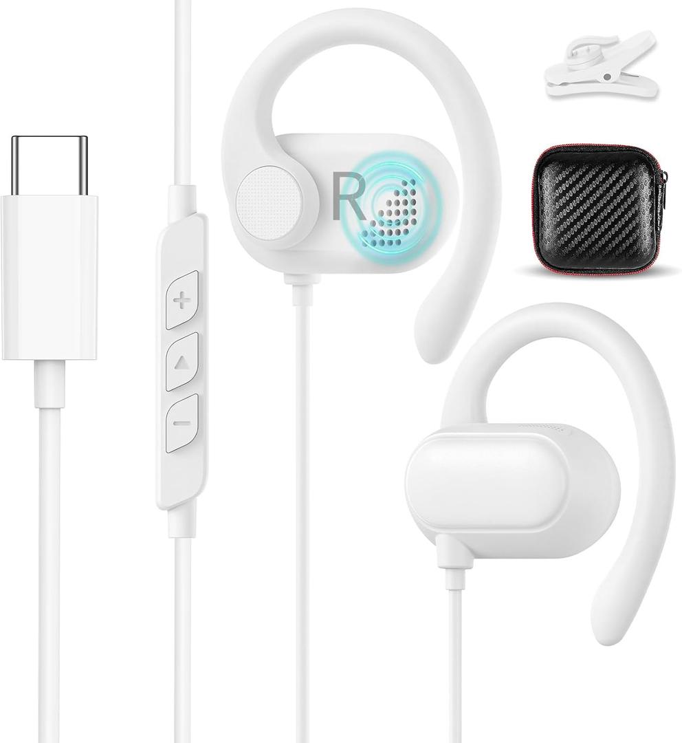 Open Ear USB C Headphones for Samsung S26 Ultra S25 FE S23 A17 A36,Over Ear Buds Type C Earphones Wired with Adjustable Ear Hooks for iPhone 17 Pro Max 17e 16e 16 Plus 15,USB-C Headset for iPad A16 10 (White)