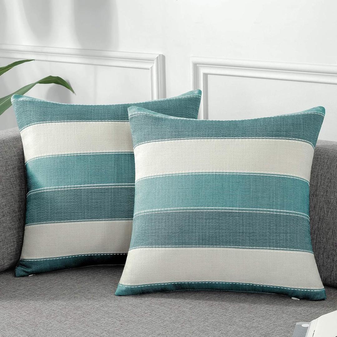 AmHoo Pack of 2 Farmhouse Stripe Check Throw Pillow Covers Set Case Cotton Linen Decorative Pillowcases Cushion Cover for Couch Bench Sofa 18x18Inch Teal Blue