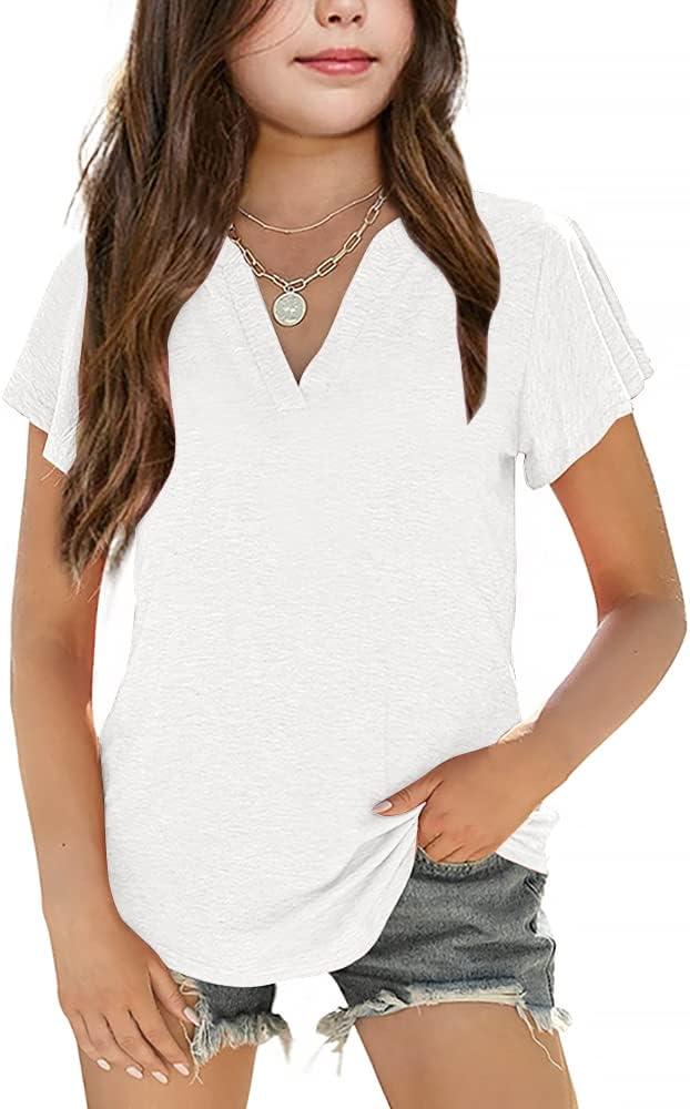 PLNOTME Girls' Summer Cute T Shirts Casual Short Sleeve V Neck Plain Tunic Tops (White, S)