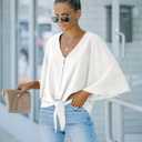 luvamia Women's Casual V Neck Tops 3/4 Sleeve Tie Knot Blouses Solid Button Down Shirts (White, XXXL)