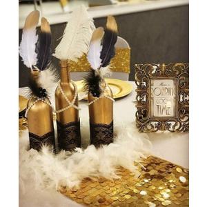 JeVenis 41 PCS Gorgeous Black and Gold Dipped Feather Black Feathers White Pearl Bead Necklaces for 1920's Wedding Cake Decoration Gastby Theme Table Decorations