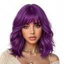 eNilecor Dark Purple Wig for Women,Short Wavy Curly Bob Hair Wig with Bangs,14" Natural Synthetic Party Costume Cosplay Halloween Colred colorful Color Fun Neon Funny Wigs For Women