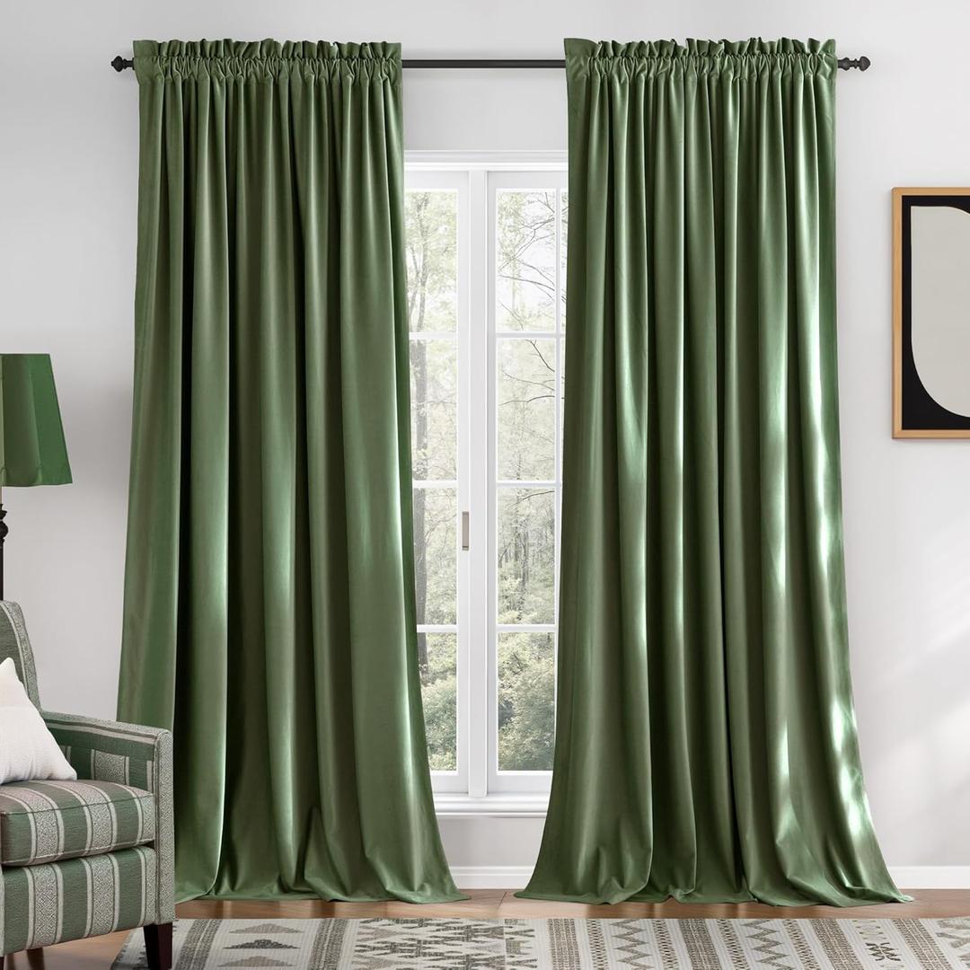 NICETOWN Sage Green Blackout Curtains 90 inches Long 2 Panels (52-inch Wide), Farmhouse and Sleek Velvet Drapes and Curtains for Doorway, Office, Dorm