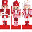 Thyle 3 Pcs Valentine Nutcracker Soldier 7 in Wooden Traditional Valentine Nutcrackers Figures Wood Veneer Tabletop Decoration for Desktop Fireplace Collectible Gifts(Red and Pink)