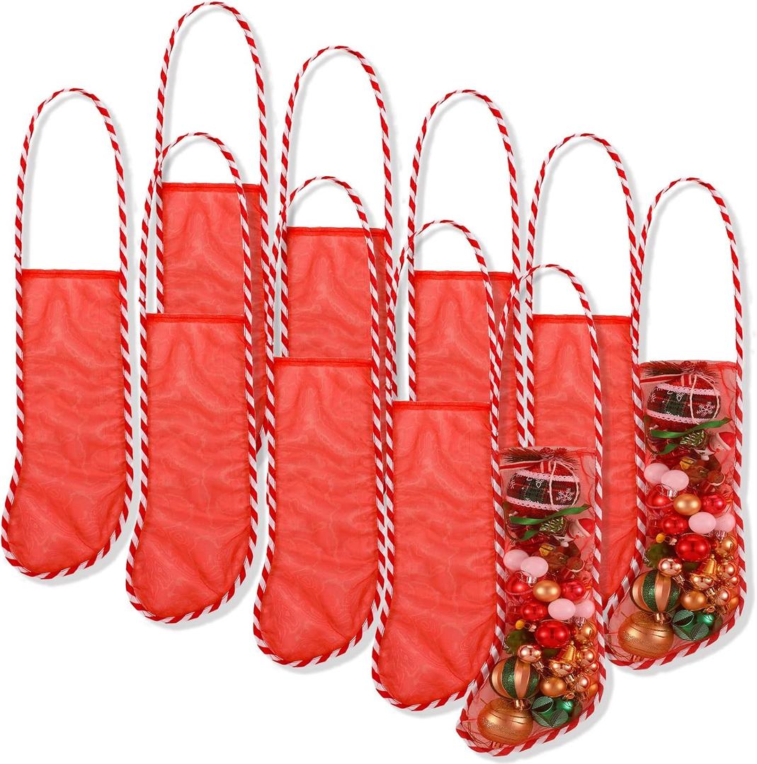 Hanaive 10 Pcs 17 Inch Mesh Christmas Stockings Bulk Long Red and White Candy Cane Christmas Stockings for Family Holiday Christmas Party Decorations