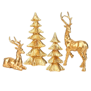 2 Pcs Christmas Tree Figurines and 2 Pcs Christmas Reindeer Figurines, Gold Tabletop Christmas Decorations Resin Christmas Tree and Elk Statues for Table Centerpieces Desk Shelf Fireplace Decor