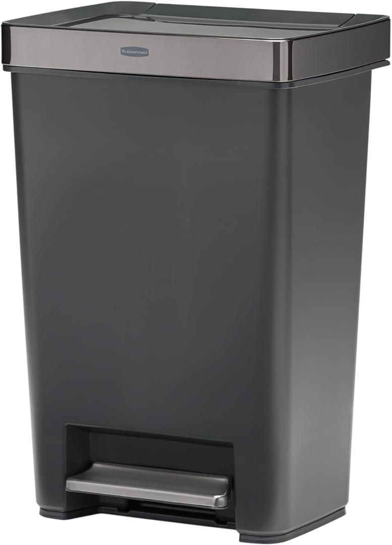 Rubbermaid Premier Series IV Step-On Trash Can for Home and Kitchen, 12.4 Gallon, Stainless Steel Lid Charcoal, for Home/Kitchen/Garage/Apartment/Office