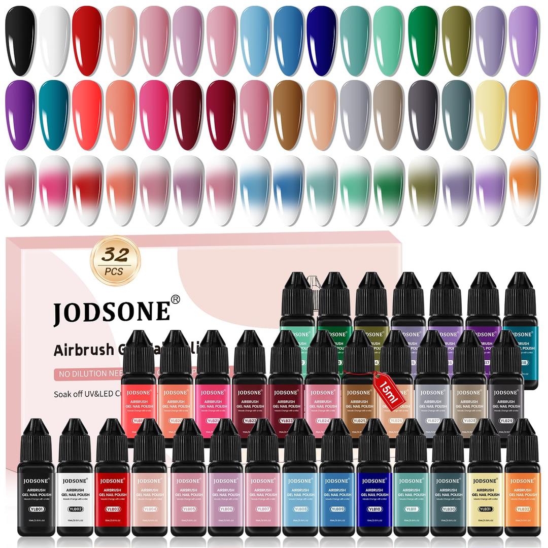 JODSONE 32 Colors Airbrush Gel Nail Polish Kit, No-Dilution Airbrush for Nails Set Fine Mist NailIdeal for Home or Salon Use, Nail Art Design Salon Kit