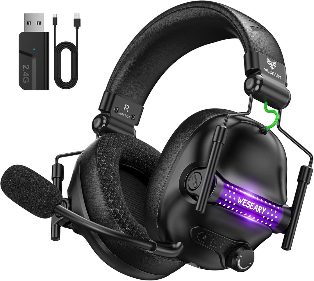 WG2 Wireless Gaming Headsets with Microphone for PS5, PS4, PC, Switch, Mac, Crystal Stereo Bluetooth Headphones, Wireless Headset 2.4GHz with Lossless Audio, 50 Hr Battery, Cool LED (Standard, Premium Black)