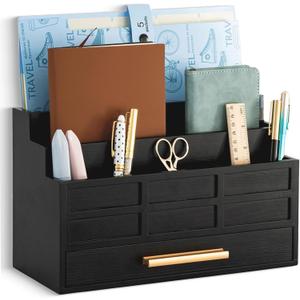 Black Wood Desk Organizer and Accessories with Drawer, Bill Mail Organizer and File Mail Holder for Office Supplies, Rustic Desk Accessories & Workspace Organizers for Desk Organization