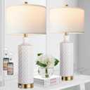 Touch Control Table Lamp Set of 2, Modern Contemporary Ceramic Bedside Lamps with 2 USB Ports, 3-Way Dimmable Nightstand Lamp with White Fabric Shade for Living Room, Bedroom (LED Bulbs Included)
