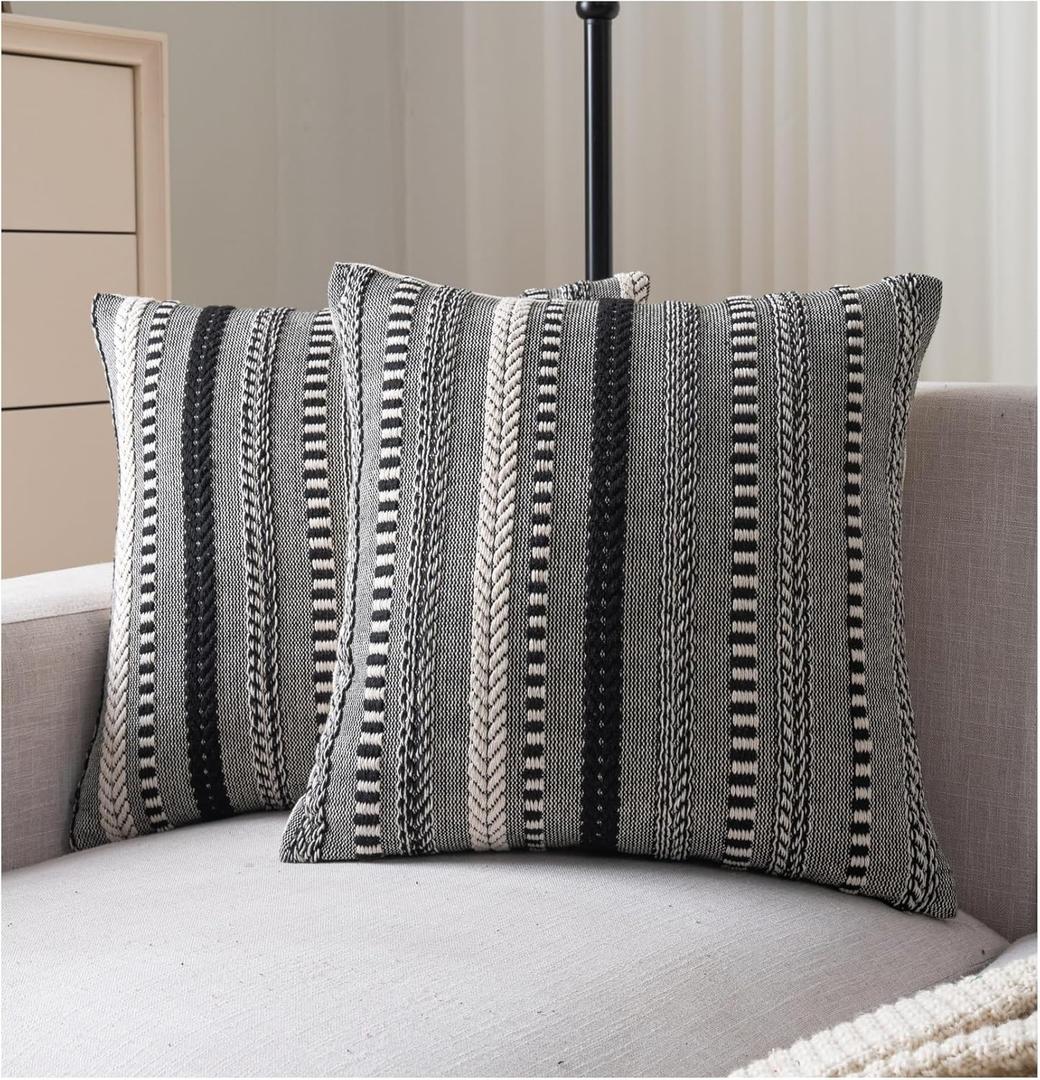 Cethom Boho Throw Pillow Covers 18x18 Inch Set of 2, Farmhouse Decorative Couch Pillow Cases, Black Accent Pillows of Bed, Sofa Bedroom Living Room Home Decor Cushion Cover