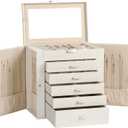 Frebeauty Large Jewelry Box,6-Tier PU Leather Jewelry Organizer,Multi-functional Storage Case with Mirror,Accessories Holder with 5 Drawers for Necklace Bracelets Watches(Pearl White)