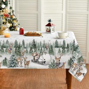 Horaldaily Christmas Tablecloth 60104 Inch Rectangular, Deers Snowman Trees White Washable Table Cover for Party Picnic Dinner Decor