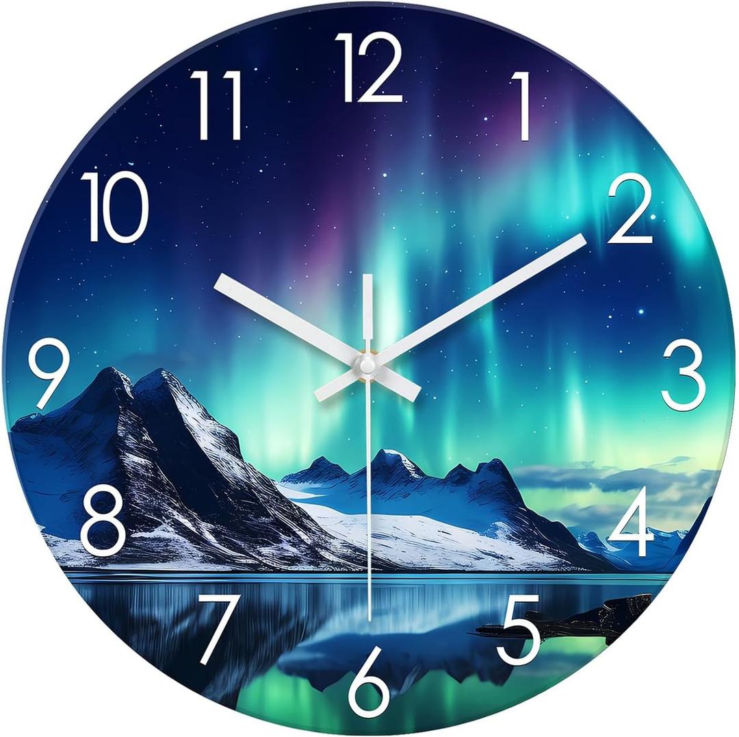 XNM Teal Glass Wall Clocks Battery Operated 12 Inch Aurora Modern Wall Clocks for Living Room Decor Glacier Lake Wall Clock Silent Non Ticking