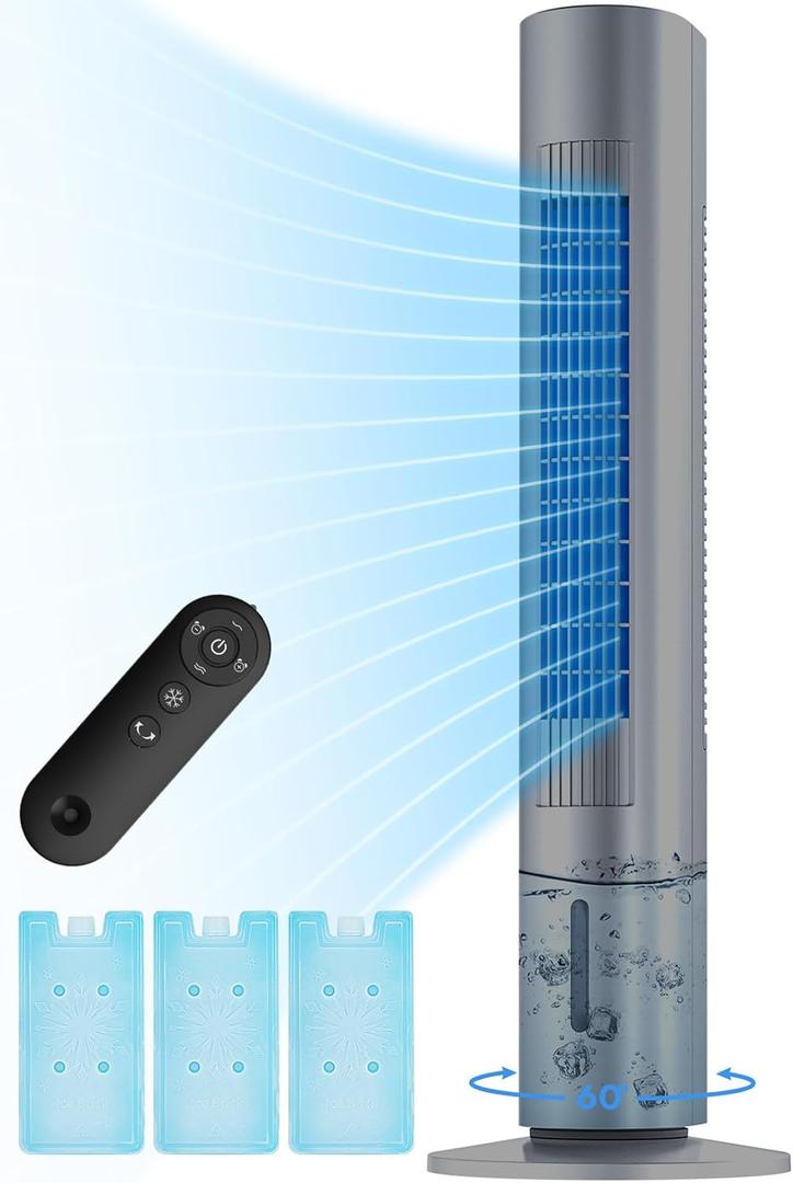 Evaporative Air Cooler, 35 Inch Swamp Cooler Air Conditioner, 3 Speeds & 2 Modes, Removable Water Tank, 3 Ice Packs, 20ft Remote Control, 7 Hour Timer, 70 Oscillating Windowless Air Conditioner