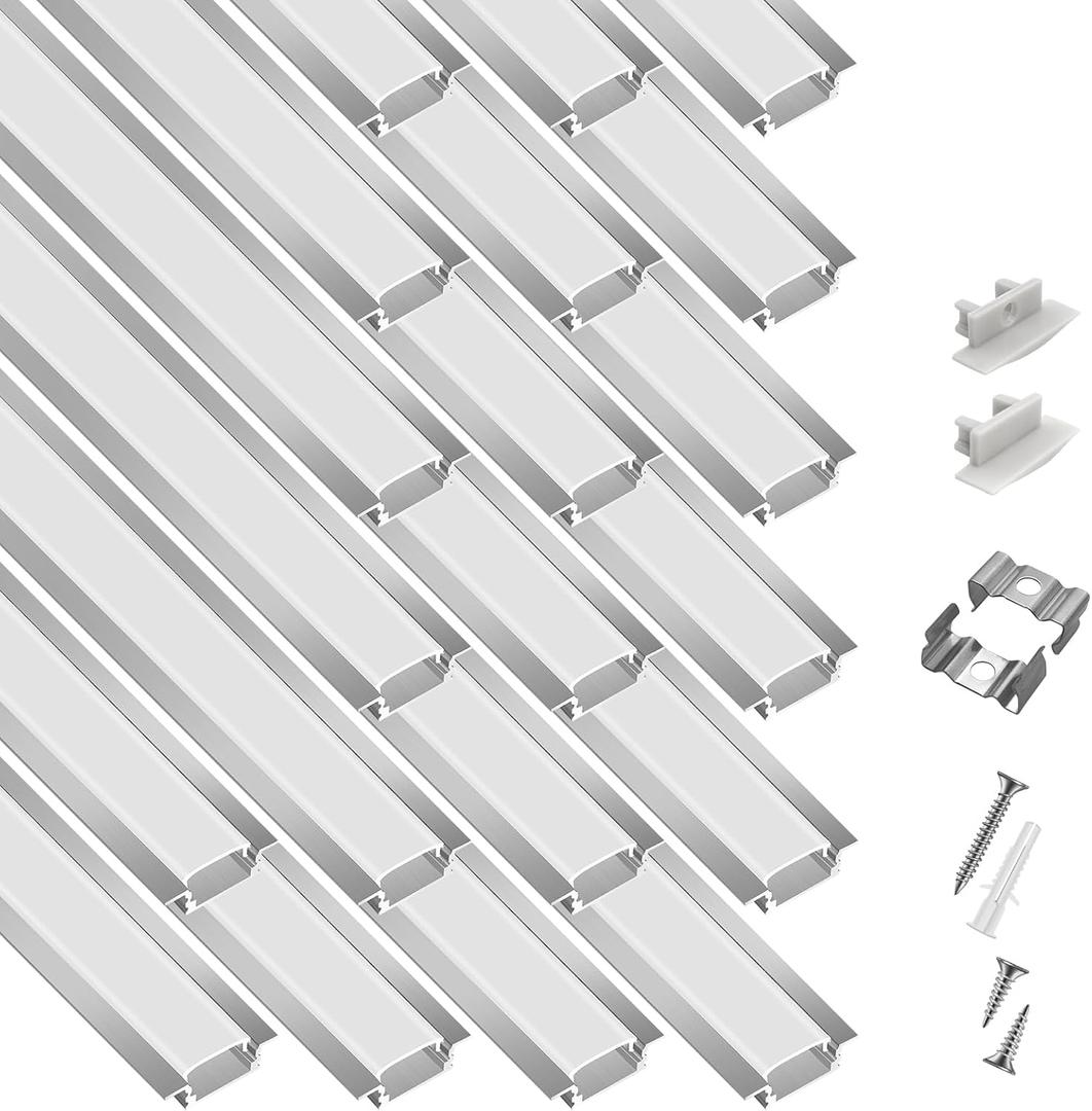 20-Pack 6.6ft/2Meter Silver Recessed LED Aluminum Channel for LED Strip Lights Diffuser Channel with Milky Cover End Caps and Mounting Clips, Flush Mounted LED Track for Ceiling Under Cabinet Closet.
