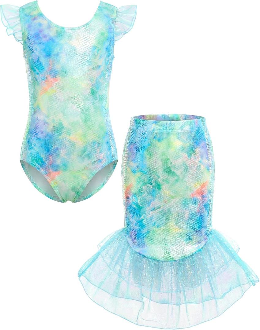 JiAmy Girls Mermaid Swimsuit 2 Piece Tankini Set Ruffle Sparkle Scale Bathing Suit with Mesh Tail Skirt 3-4T