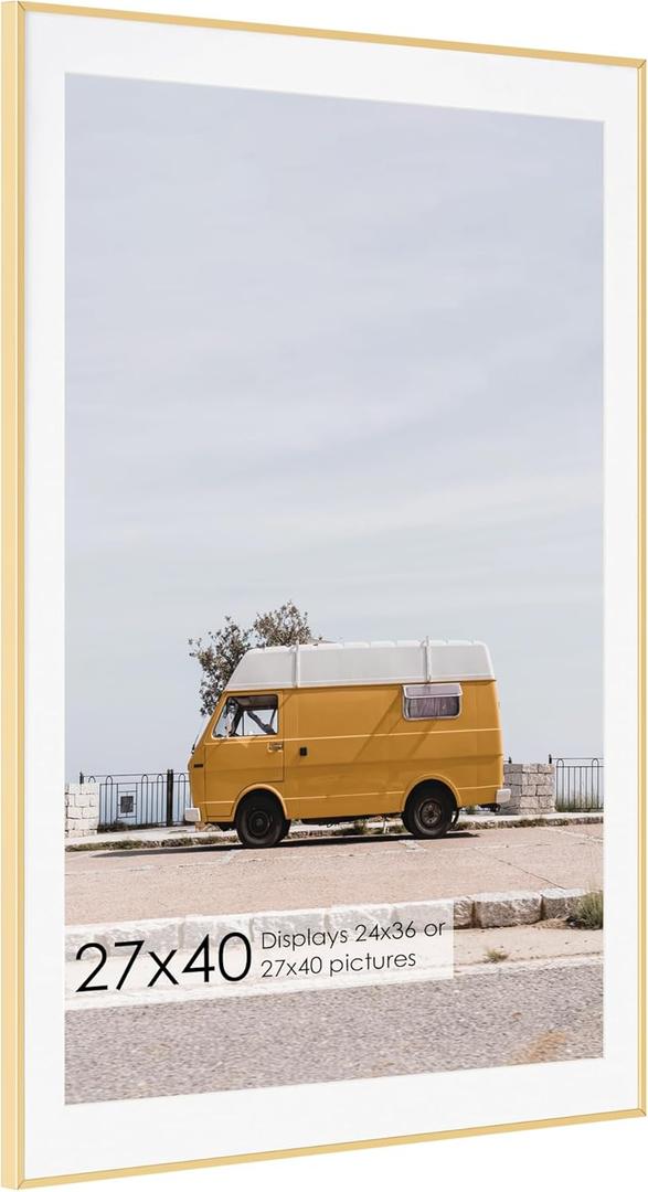 Fun Memories 27x40 Metal Picture Frame with 24x36 Mat, Brushed Aluminum Finish, Tempered Glass Front, and Attached Hanging Hardware - Wall Display Frames for Vertical or Horizontal Orientation - Gold