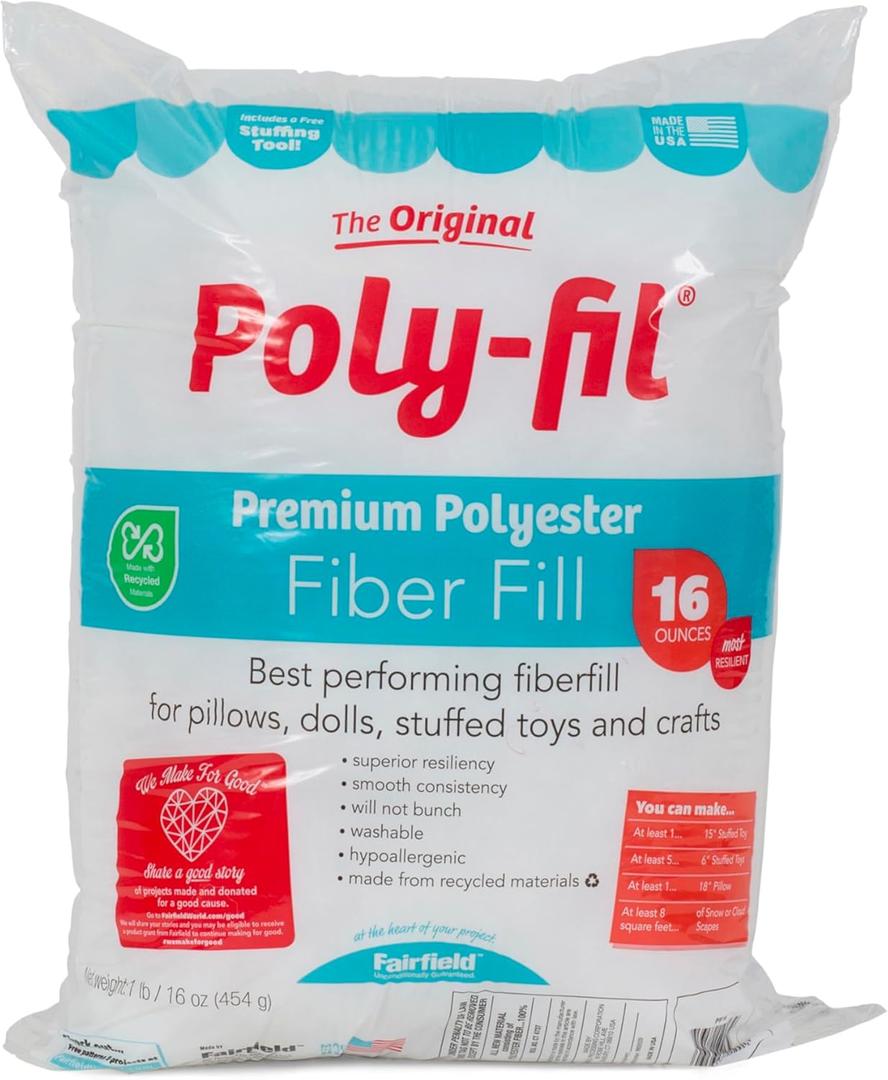 Fairfield The Original Poly-Fil, Premium Polyester Fiber Fill, Soft Pillow Stuffing, Stuffing for Stuffed Animals, Toys, Cloud Decorations, and More, Machine-Washable Poly-Fil Fiber Fill, 16-ounce Bag (16 oz)