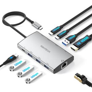 RSHTECH 9-in-1 USB C Hub Multiport Adapter with 4K HDMI, 10Gbps USB-3.2 Ports(2C + 1A), 3 USB-3.0 5Gbps Data Ports, 100W PD, Gigabit Ethernet, Aluminum USB-C Dongle for MacBook, Laptops and More