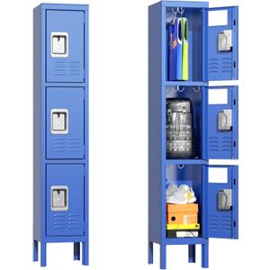 Greenvelly Storage Locker for Employee, Office, Metal Gym Locker with 3 Door, Steel Blue Locker Cabinet Organization for School, Free Standing