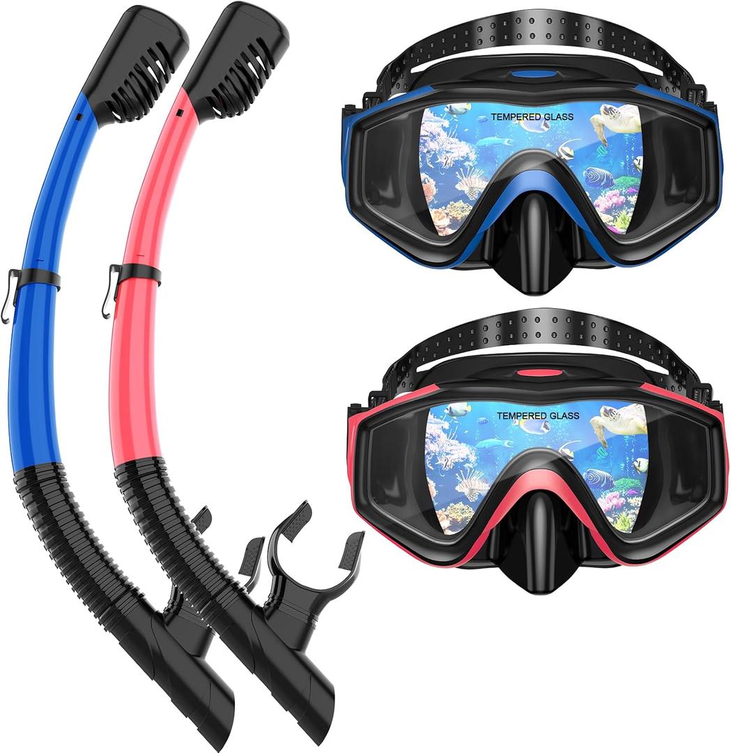 Snorkeling Gear for Adults, Dry Top Snorkel Mask Set 2 Pack Scuba Diving Mask Snorkel Gear Anti Fog Snorkeling Packages Tempered Glass Panoramic View Nose Cover (Blue&Pink)