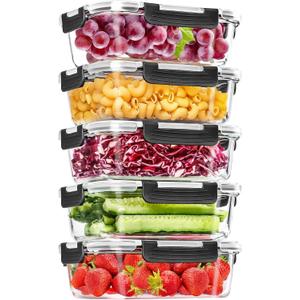 Skroam 5-Packs 36OZ Glass Food Storage Containers with Lids Airtight, Glass Meal Prep Container for Lunch, Pantry Organizers and Storage, Glass Lunch Boxes for Freezer to Oven Safe, Leak Proof