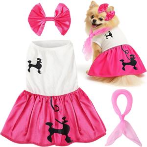 Halloween 50s Dog Costume Poodle Skirt Bow Clip and Scarf Costume Accessory for Puppy Themed Parties and Halloween (Medium)