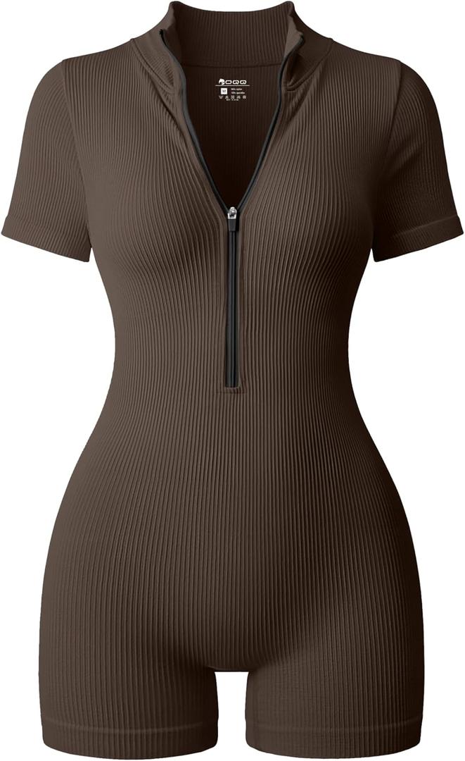 OQQ Women Rompers Ribbed Short Sleeve Zip Front Stretch Tummy Control Yoga Workout Rompers (Large, Darkbrown)