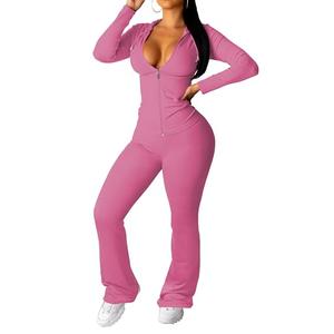 rgePINSV Women 2 Piece Outfits Workout Bodycon Tracksuit Long Sleeve Zip Up Hoodie Matching Flared Pants Sets (Pink, Large)