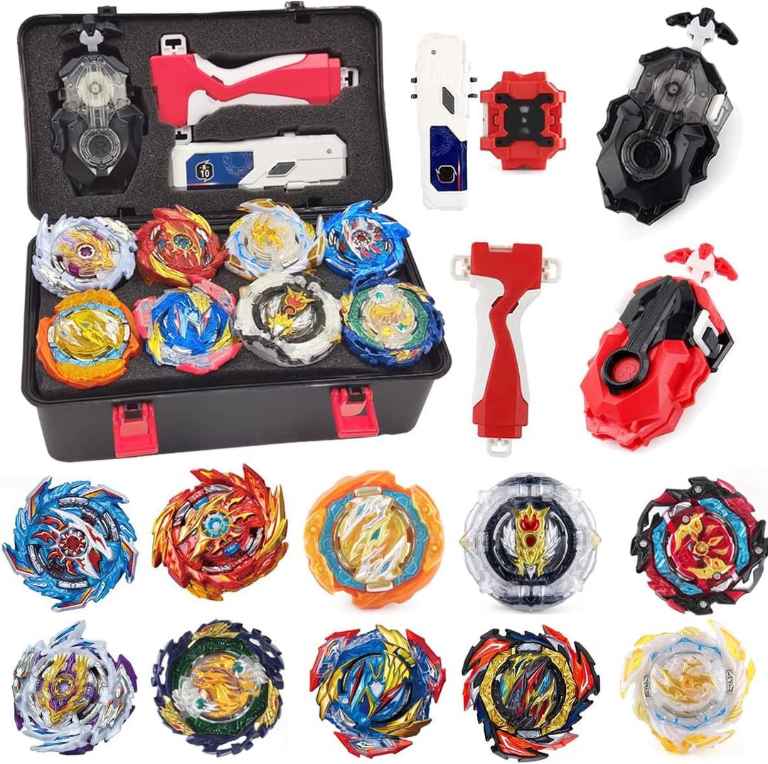 MUSTYBELT Battling Top Burst Gyros Toy Set Toy Gift for Children Boys Ages 6 8 10 12+ Combat Battling Game 10&12 Burst Spinning Tops 3 Two Way Launchers Grip Starter (B-10)