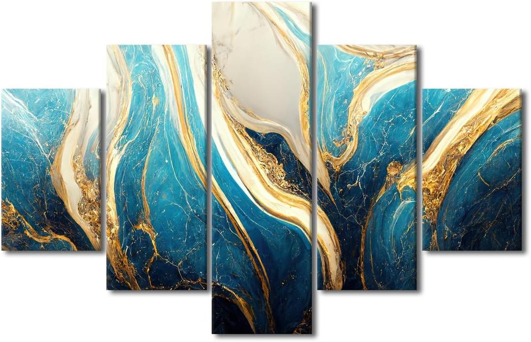 Modern Canvas Wall Art for Office 5 Panel Abstract Marble Art Poster Turquoise Gold and White Colors Picture Prints for Native Americans Living Room Home Wall Decor Stretched Ready to Hang 60x40 in