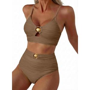 Herseas Womens 2 Piece Bikini Sets High Waisted Metal Ring Textured Swimsuit 2026 Summer Bathing Suits Beach Swimwear (XL)