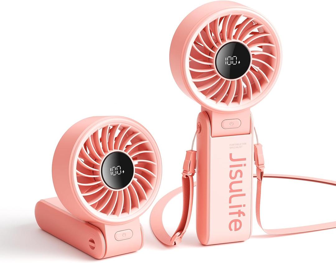 JISULIFE Handheld Fan Life7  Ultimate Flexibility: High-Power Motor, LED Display, 19.5 Hrs Cooling, 5000mAh Rechargeable, 5-Speed, Foldable Design, 3-IN-1 Portable Fan for Travel Cruise Beach(Pink)