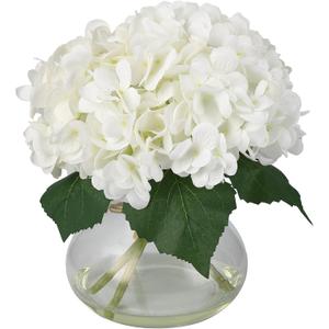 Artificial Hydrangea Flowers with Glass Vase & Fake Water - Faux Hydrangea for Home Table, Wedding Party, Office Decor | Realistic Fake Hydrangeas, Silk Flowers for Vase Arrangement(Hydrangea, white)